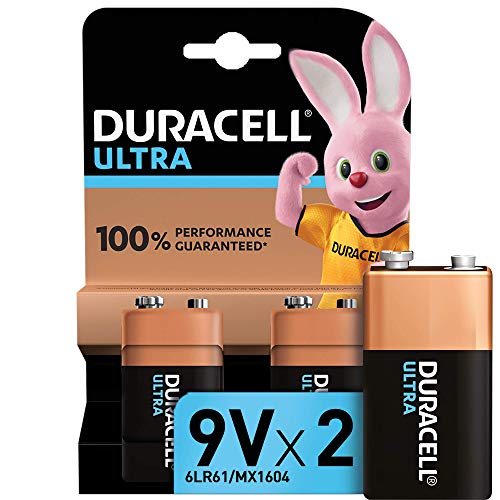 Duracell - Ultra 9V con Powercheck, Batteria Alcalina, confezione da 2, 1.5 volt 6LR61 MX1604 adatto per rilevatore di fumo