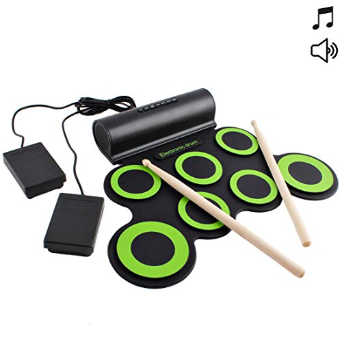 deAO Kit di Batteria Elettronica con Modello Pieghevole Portatile Set Tappetino Musicale di Percussione Batteria, Piattini e Altoparlanti Incorporati Include Bacchette e Pedale