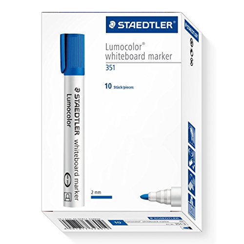 STAEDTLER Lumocolor whiteboard marker, 10 pennarelli di colore blu, punta tonda, 351-3, 10 Pezzi