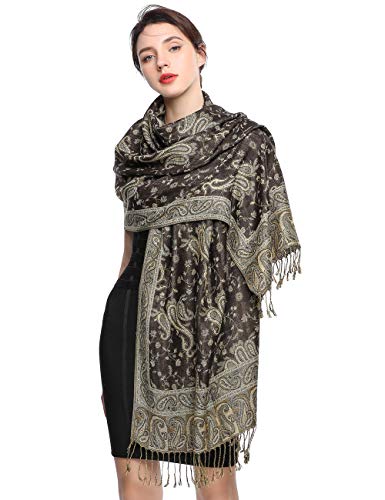 EASE LEAP Sciarpa Pashmina per donna scialle avvolgente caldo di lusso con sensazione di seta Hijab Paisley in colori ricchi con frange 200 * 70cm/(9-Marrone nero)