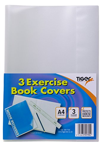 Tiger - Copertina per quaderni, formato A4, 30 cm x 21 cm, in plastica resistente per proteggere i quaderni scolastici, confezione da 3