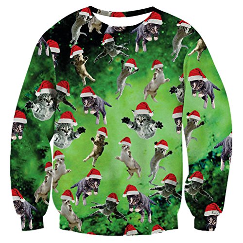 TUONROAD Donna Christmas Sweatshirt Gatto 3D Stampato Ugly Xmas Pullover Uomo Crewneck Funny Sweater Maglione di Natale Unisex - L