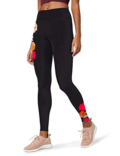 Marchio Amazon - AURIQUE - Floral Print Legging, Leggings sportivi Donna, Nero (Black), 42, Label:S