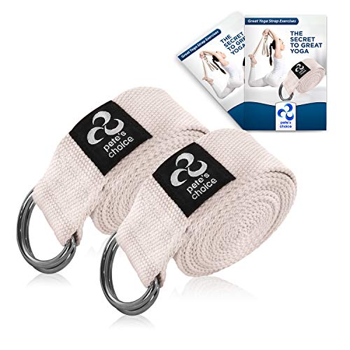 pete's choice Set 2 Cinghie da Yoga con eBook Incluso - Yoga Strap in Cotone Spesso e Resistente Regolabile I Accessori Yoga I Pilates e Stretching - Lunghezza 2,4m I Cinghia da Yoga