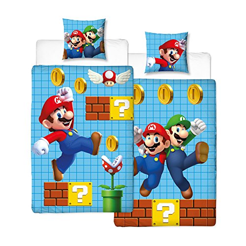 Nintendo, biancheria da letto per bambini double-face Super Mario: federa 80 x 80 cm + copri piumino 135 x 200 cm, 100% cotone