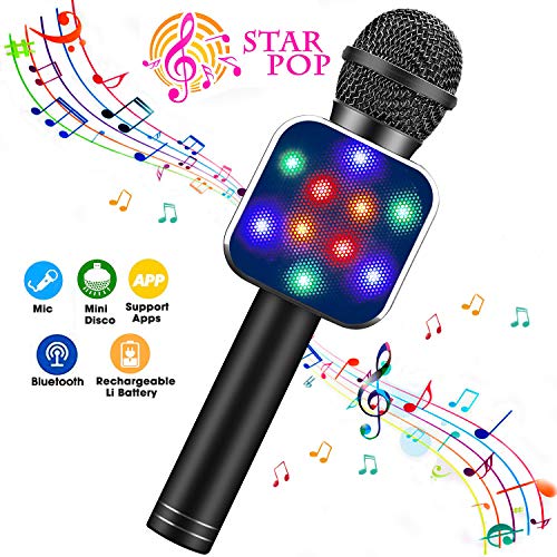 ShinePick Microfono Karaoke, 4 in 1 Bluetooth Wireless Microfono con LED Lampada Flash, Portatile Karaoke Player con Altoparlante per Android/iOS, PC e Smartphone(Nero)