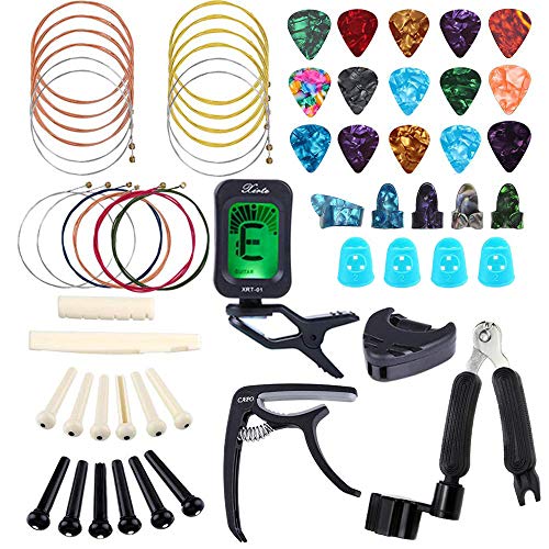 Bosunny Kit di Accessori per Chitarra da 60 PCS,Inclusi Plettri per Chitarra,Capotasto,Accordatore,Corde per Chitarra Acustica,Avvolgitore per Corde 3 in 1,Perno per Ponte,Protezione per Le Dita