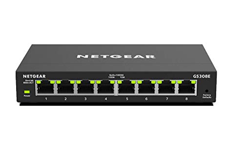 NETGEAR GS308E Switch Ethernet 8 porte, Switch Gigabit Smat Plus, hub ethernet desktop in metallo, Nero