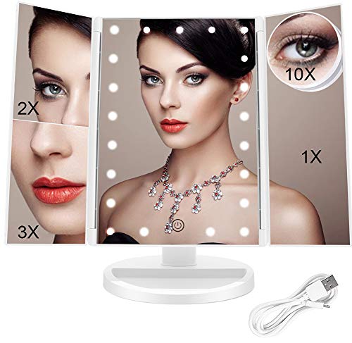 FASCINATE Specchio Trucco,Specchio per Trucco Illuminato con 21 LED Luci Ingranditore 10x 3X 2X 1x Rotazione 180° Touch Screen Pieghevole Specchio Make up(Bianco)