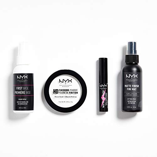 NYX Professional Makeup Travel Kit, Primer Spray, Cipria Finishing Powder, Mini Mascara, Setting Spray, Confezione da 4
