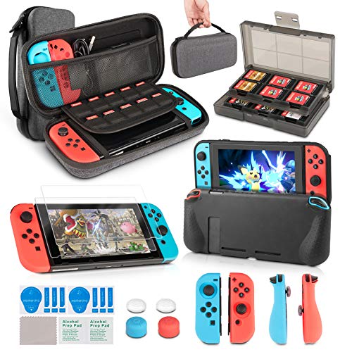 innoAura Kit di accessori 11 in 1 per Nintendo Switch, include Custodia per il Trasporto, Custodia Giochi, Cover in TPU, Case in Silicone per JoyCon Thumb Grip e HD Film Temperato