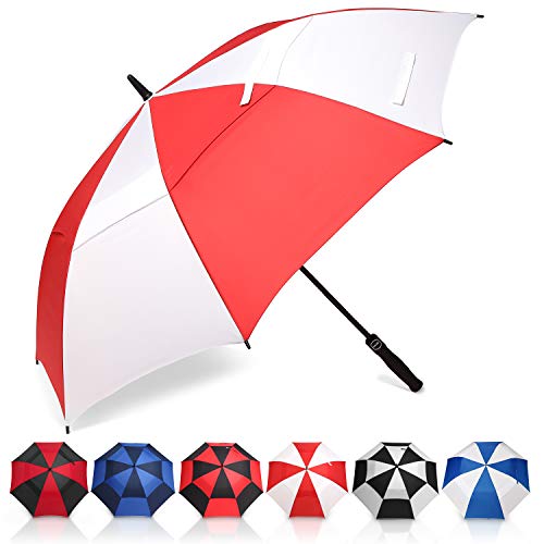 Eono by Amazon - Ombrello da Golf Aperto Automatico, 62 inch, Large Golf Umbrella, Ombrello Grande, Disegno Antivento Super Resistente, Umbrella di Viaggio con Custodia Impermeabile, Rosso/Bianco