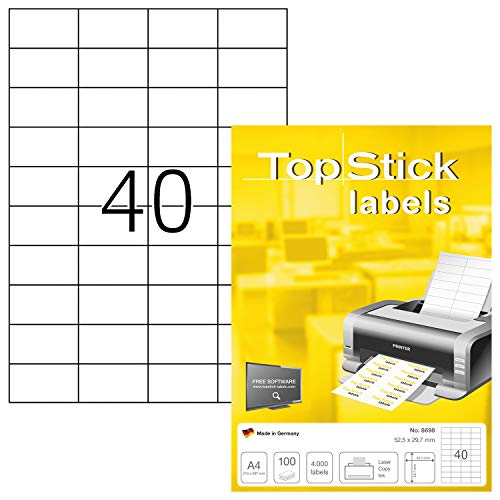 TopStick Etichette Universali, 52,5 x 29,7 mm, Etichette Adesive A4 per Stampante, 40 Etichette per Foglio, Bianco