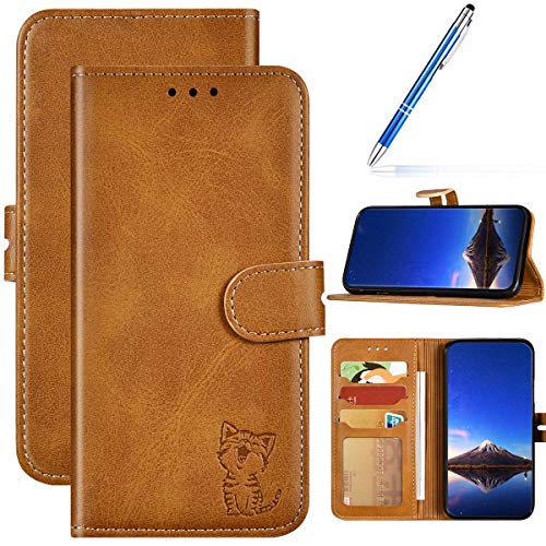 Robinsoni Cover Compatibile con Huawei Nova 5i Custodia Pelle Cover Retro Flip Case Gatto Cover Portafoglio Magnetica Libro Cuore Custodia Libretto Antiurto Cover Supporto Stand Wallet Case, Giallo