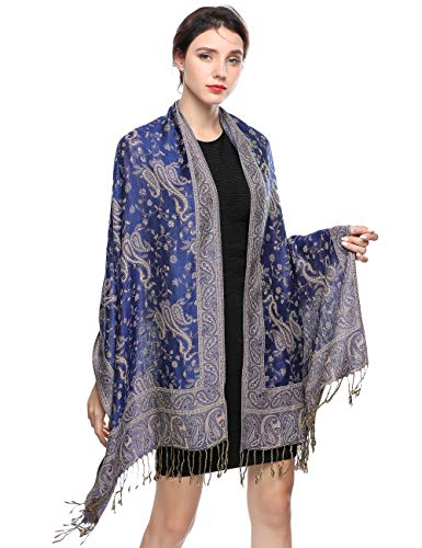 EASE LEAP Sciarpa Pashmina per donna scialle avvolgente caldo di lusso con sensazione di seta Hijab Paisley in colori con frange 200 * 70cm/(8-Blu zaffiro)