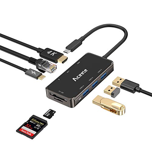 Aceele 8 in 1 Hub USB C HDMI 4K, 3 Porte USB 3.0, RJ45 Gigabit Ethernet, Porta Tipo C PD, Lettori di schede SD e TF, per MacBook PRO Surface Go Samsung S10 Huawei P20 ECC