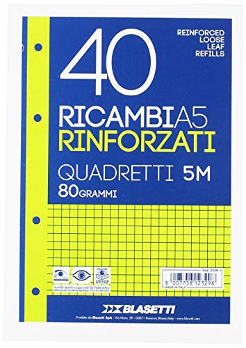 Blasetti 2329 - 40 Ricambi A5 Rinforzati con banda trasparente, Quadretti, Bianco, 80 grammi