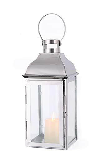 JHY DESIGN Lanterne Decorative Lanterne a Candela in Acciaio Inossidabile Alte 31,5 cm con Vetro temperato per Interni, Eventi, Feste e Matrimoni Lampade a Sospensione in Stile Vintage. (Argento)