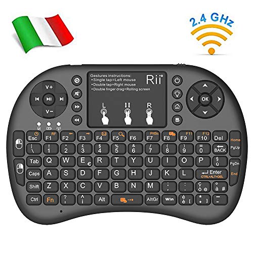 Rii Mini i8+ Wireless (Layout Italiano) - Mini Tastiera retroilluminata con Mouse touchpad per Smart TV, Mini PC, HTPC, Console, Computer