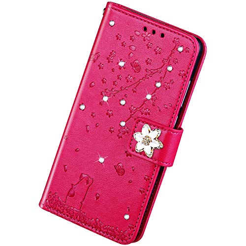 Herbests Compatible con Samsung Galaxy S10e Flip Case Protettiva in Pelle PU Cover Sparkle Glitter Bling Diamante a Strass Custodia a Portafoglio Colore Puro Protezione Cover,Rosa Rossa