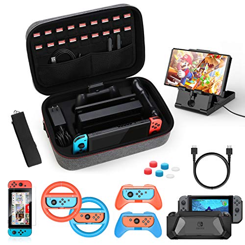 HEYSTOP Kit Accessori 12 in 1 per Nintendo Switch, Include Custodia da Trasporto, Cover Protettiva in TPU, Joycon Grip e Volante, Pellicole Protettive, Supporto Regolabile, Thumb Grip, Cavo USB