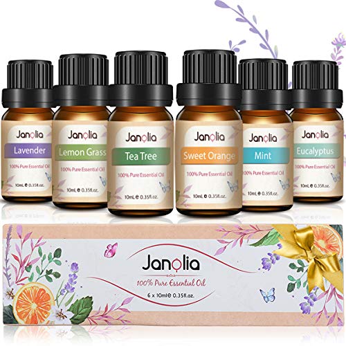 Janolia 6pcs Oli Essenziali, Regalo di Piante Naturali Oli Essenziale per Diffusori,Set di oli essenziali contiene Lavanda, Eucalipto, Citronella, Albero del Tè, Arancio dolce, Menta