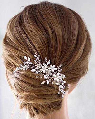 Simsly - Pettine per capelli da sposa con fiore in argento, accessorio per capelli per donne e ragazze