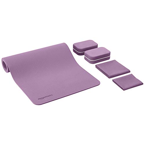 Amazon Basics - Set da 6 pezzi per yoga, con tappetino spesso in TPE, 0,6 cm, viola