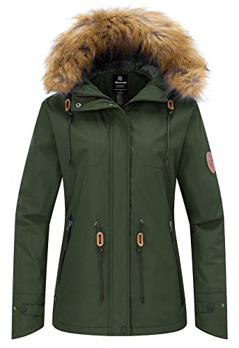 Wantdo Giacca da Sci Impermeabile Giubbotto da Montagna Caldo Parka con Cappuccio Antivento Abbigliamento da Sci Taglia Forti Donna Verde Militare S