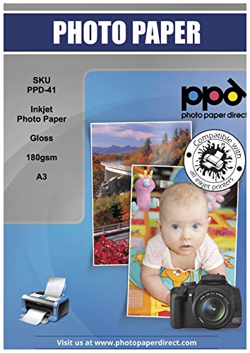 PPD A3 Carta Fotografica Lucida Per Stampanti A Getto D’Inchiostro Inkjet, 180 gsm, 50 fogli - PPD-41-50