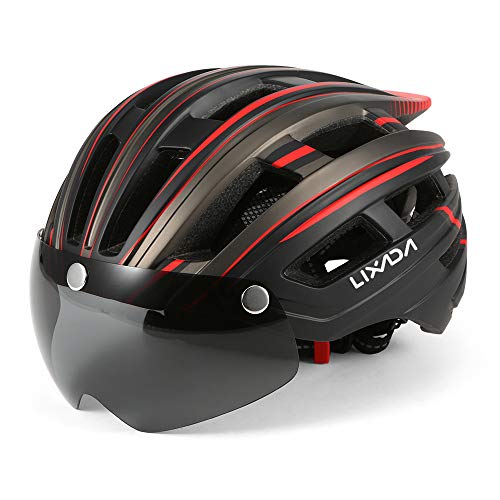 Lixada Mountain Bike Helmet Casco da Motociclismo con Luce Posteriore Staccabile Visiera Magnetica UV Protettiva