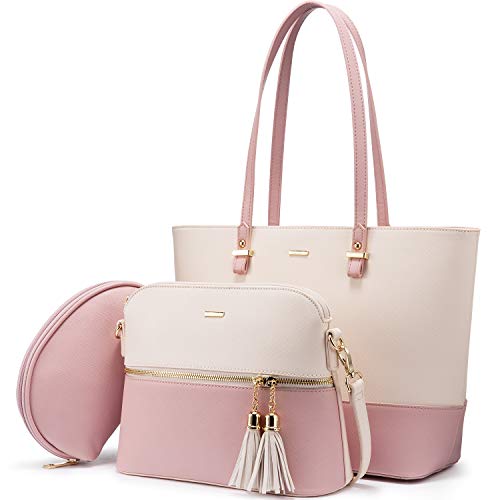 LOVEVOOK Borsa Donna Borsa a spalla Donna Borse a Mano Portafoglio Borsa grande per ufficio Scuola Shopping Viaggio Nappa Cerniera Borsa in pelle PU Set di 3 pezzi, Rosa-Albicocca