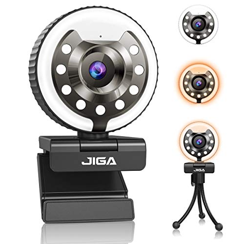 Webcam 1080P per PC, Webcams Full Hd con Microfono, Fotocamera Usb con 3 Luci e Luminosità, Treppiede, Grandangolo di 90°, Panoramica di 360°, Jiga Streamcam per Laptop, Mac, Video Chat, Conferenze