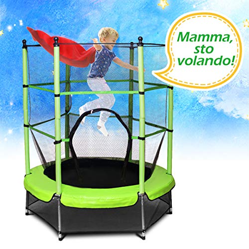 Goplus Trampolino Elastico da Giardino per Bambini, Rete di Sicurezza e Tappetto Elastico Inclusi, Pali della Rete Imbottiti e Rivestimento dei Bordi, Verde 140x140x162cm