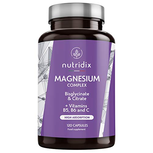 Magnesio Bisglicinato e Citrato 2145mg con 300 mg di Magnesio Puro Elementare per dose - Con vitamine B6, C e B5 - Fatica, stanchezza e funzione muscolare - 120 capsule Nutridix