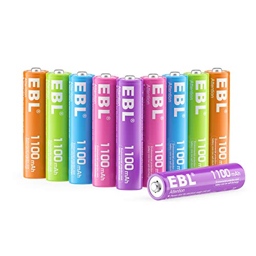 EBL 10 pcs AAA Batterie Ricaricabili con Una Scatola Protettiva, Pile Ricaricabili da 1100mAh Ni-MH carica da 1200 volte, Arcobaleno