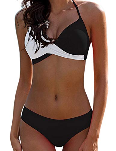 JFAN Donna Costume da Bagno Push Up Imbottito Reggiseno Bikini Donna Due Pezzi Swimwear Abiti da Spiaggia (Nero, L)