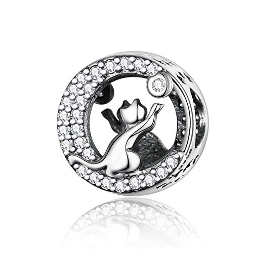 Ciondolo in argento Sterling 925 a forma di gatto con luna, compatibile con braccialetti Pandora