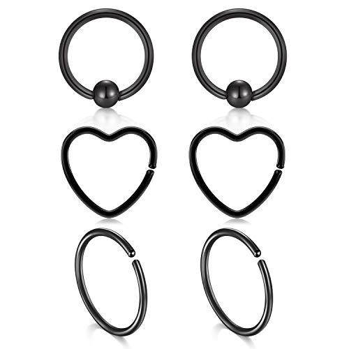 JFORYOU 3 Pair Nero Acciaio Chirurgico Naso Anelli Cerchio Cartilagine Helix Tragus Trago Orecchino piercing cuore Anelli