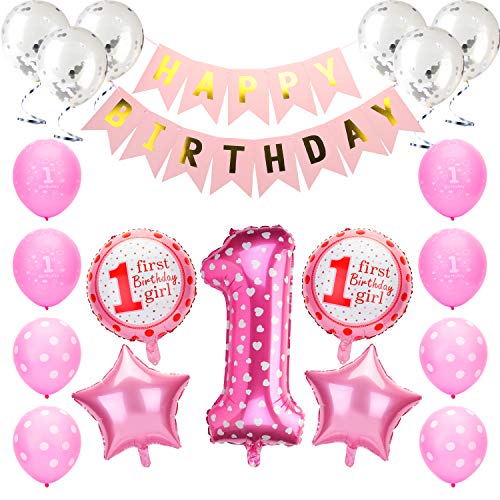 KATELUO 1st Compleanno Palloncini Decorazioni, Bambina Ragazzo 1st Compleanno Decorazioni, Latex Foil Balloons Festa Compleanno Decorazioni Rosa Blu (Rosa)