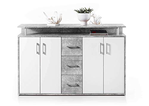 AVANTI TRENDSTORE - Doro - Comó con 1 ripiano Aperto, 3 cassetti e 4 Ante, Disponibile in 2 Diversi Colori, Dimensioni: Lap 139x90x34 cm (Grigio-Bianco)