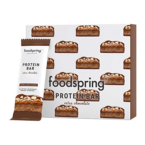 foodspring Barretta Proteica Extra Cioccolato, Doppio Cioccolato e Anacardi, 12x65g, con un ridotto contenuto di zuccheri e tante proteine