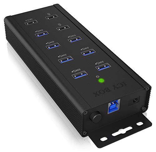 ICY BOX hub1703 QC3 7 X USB 3.0 Hub Industriale con Adattatore di Alimentazione (12 V/5 A), 3 Porte, QC 3.0, Kit di Supporto, Alluminio Nero