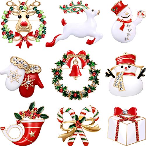 Hicarer 9 Pezzi Spilla di Natale Pin di Neve Set con Decorazioni Natalizie in Cristallo di Strass (Set di Guanti)