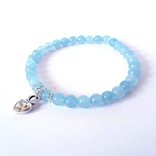 Bracciale Donna in Angelite Naturale, Ciondolo Cuore, Elastico 19 cm, Fatto a Mano, Pietre Dure Naturali