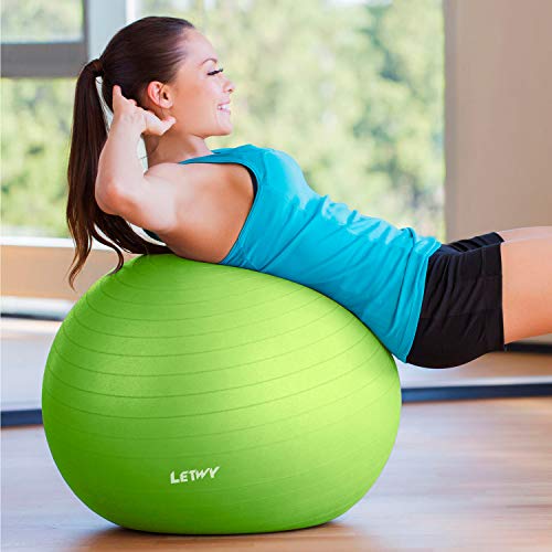 LETWY Palla Fitness | 75 cm, Verde | Nuova Versione 2020 con Poster Esercizi-Ginnastica, Fitball Fit Balls, Gymball Pilates, Yoga, Attrezzi Palestra Casa