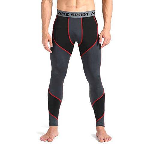 AMZSPORT Pantacollant Compressione da Uomo Calzamaglia da Compressione Collant Pantaloni Sportivi Grigio Rosso M
