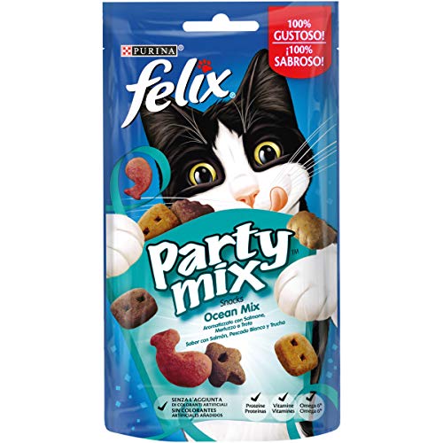 Purina Felix Party Mix Snack Gatto Ocean Mix al Gusto di Salmone, Merluzzo e Trota, 8 Confezioni da 60 g Ciascuna
