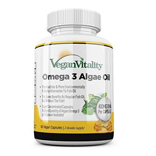 Olio di Alghe Omega 3 Vegan di Vegan Vitality: 400mg DHA per Capsula. 60 Capsule, Fornitura per 2 Mesi. Vitamine Vegetariane Al 100% Vegetali