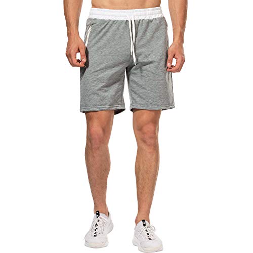 CHYU - Pantaloncini sportivi da uomo, per jogging e allenamento, tasche con chiusura lampo, Uomo, grigio chiaro, L